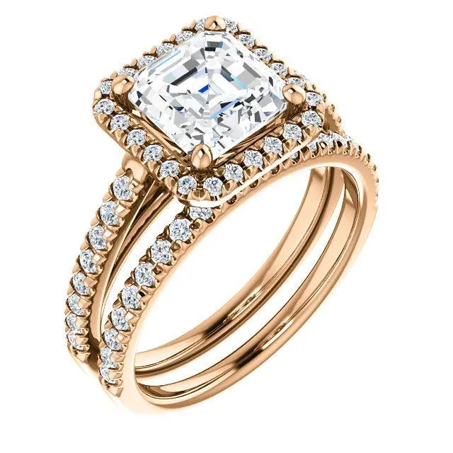 Asscher Moissanite Diamond Accent Ice Halo Cathedral Ring
