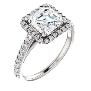 Asscher Moissanite Diamond Accent Ice Halo Cathedral Ring