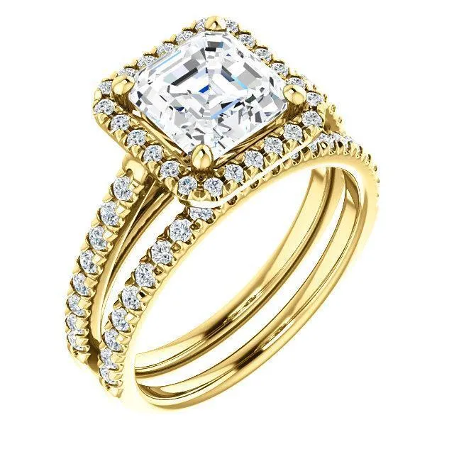 Asscher Moissanite Diamond Accent Ice Halo Cathedral Ring