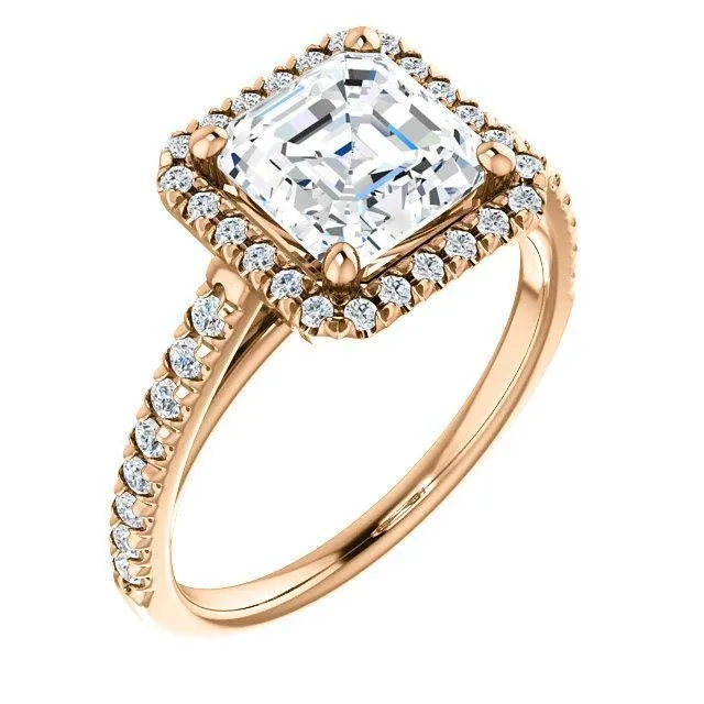 Asscher Moissanite Diamond Accent Ice Halo Cathedral Ring
