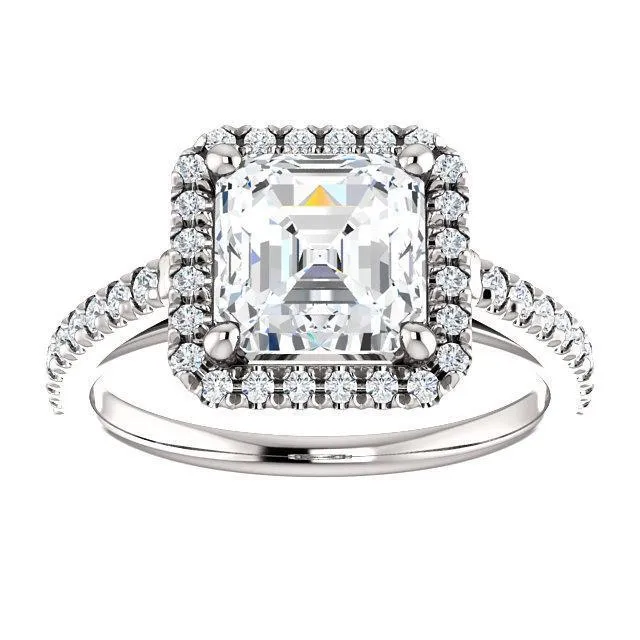 Asscher Moissanite Diamond Accent Ice Halo Cathedral Ring
