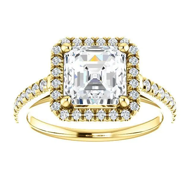 Asscher Moissanite Diamond Accent Ice Halo Cathedral Ring