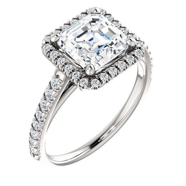 Asscher Moissanite Diamond Accent Ice Halo Cathedral Ring