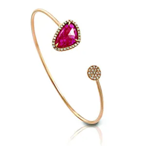 Bangle Cuff Bracelet With Slice Ruby And 0.31ct Rond cut Diamond,14k Rose Gold.
