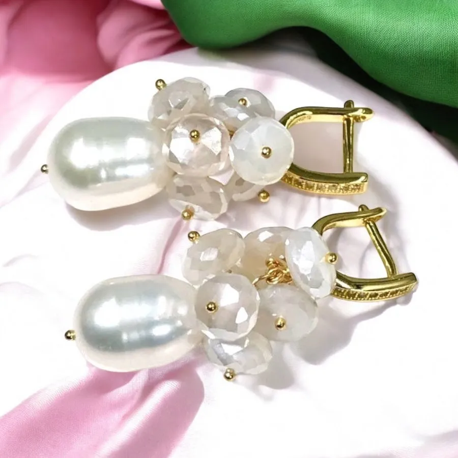 Baroque Pearl and Mystic Moonstone Gemstone Earrings