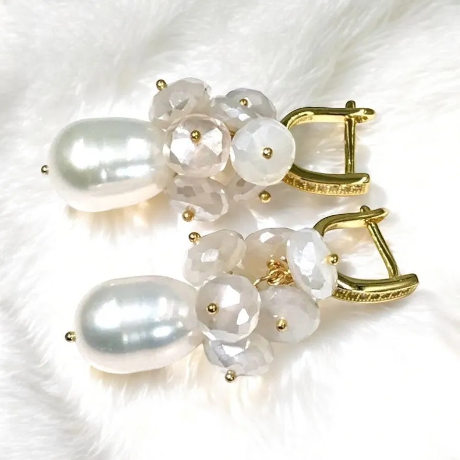 Baroque Pearl and Mystic Moonstone Gemstone Earrings