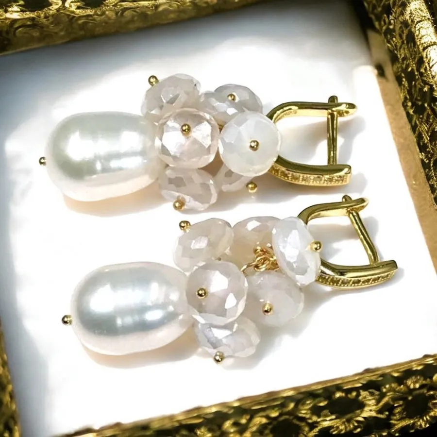Baroque Pearl and Mystic Moonstone Gemstone Earrings
