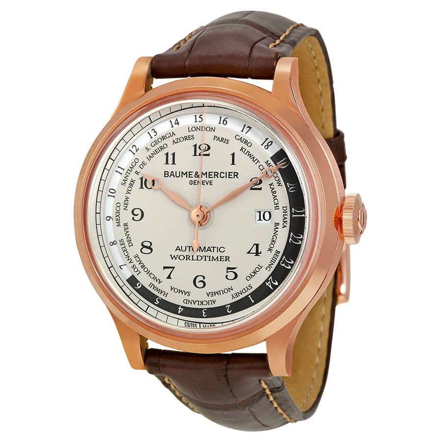 Baume And Mercier Capeland Worldtimer Beige Dial 18kt Rose Gold Brown Leather Men's Watch 10107 A10107
