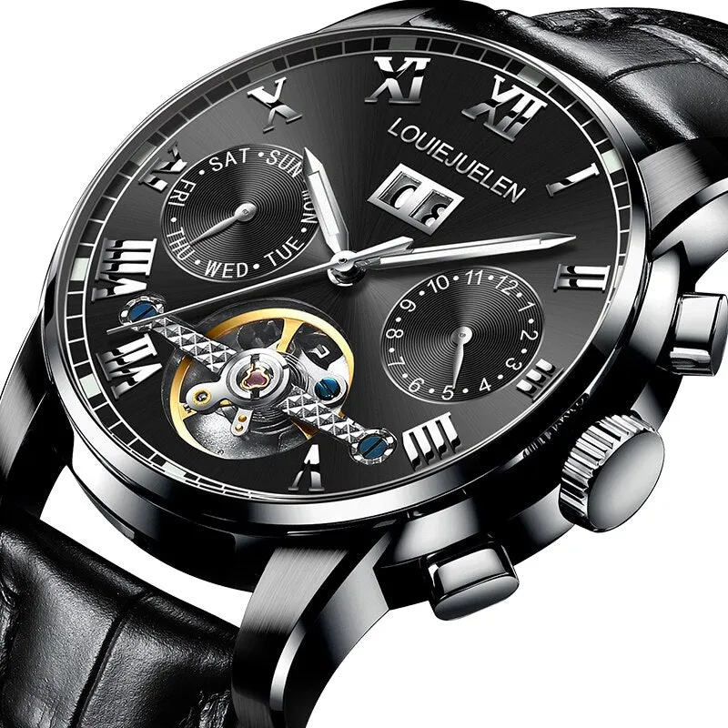 BELUSHI Men Automatic Mechanical Watch Luxury Business Stainless Steel Watches Luminous hands Tourbillon Waterproof Wristwatch