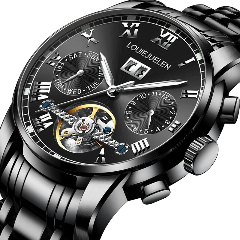 BELUSHI Men Automatic Mechanical Watch Luxury Business Stainless Steel Watches Luminous hands Tourbillon Waterproof Wristwatch
