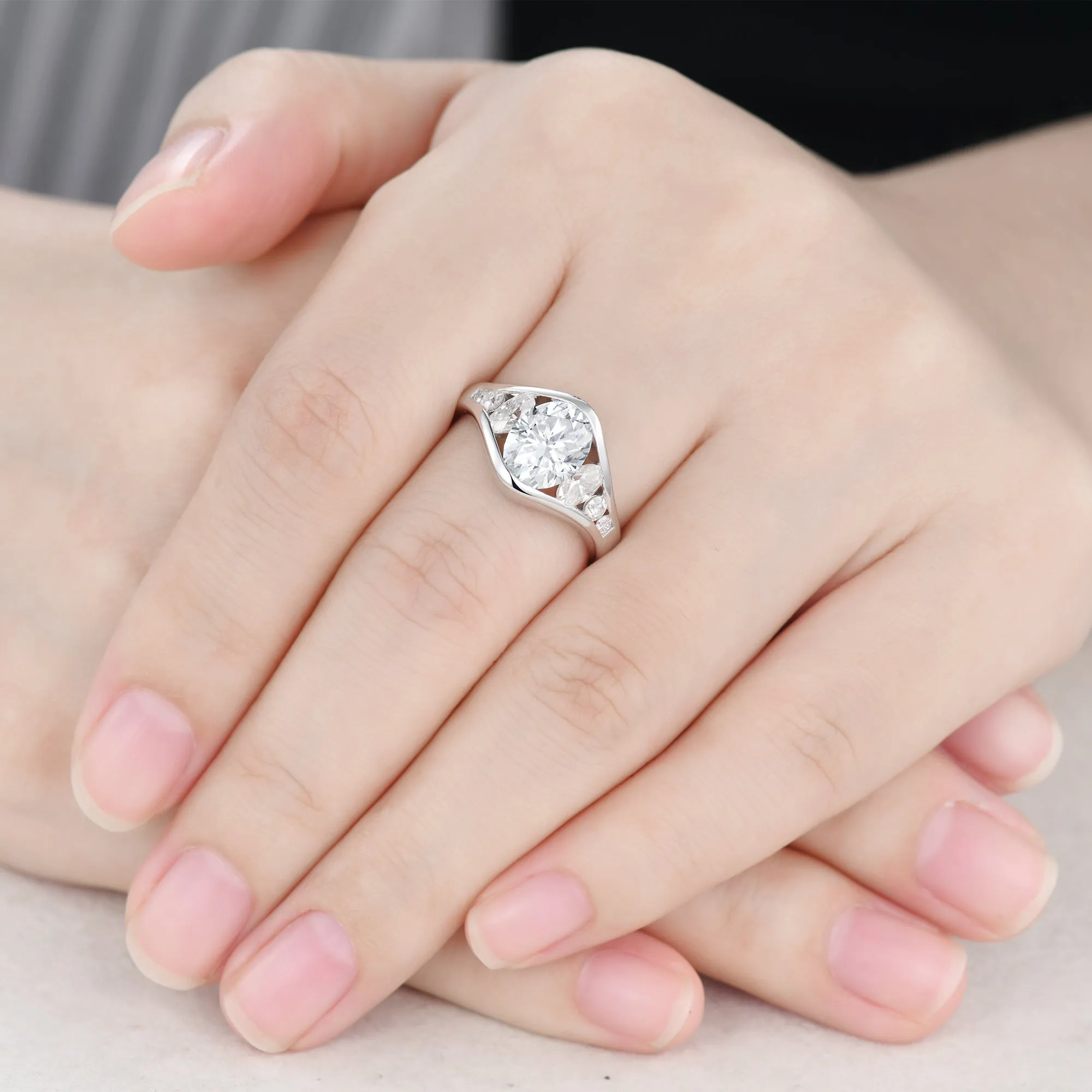 Big 2 Carat Oval Moissanite Full Channel Set Engagement Ring Semi Bezel Trilogy Ring
