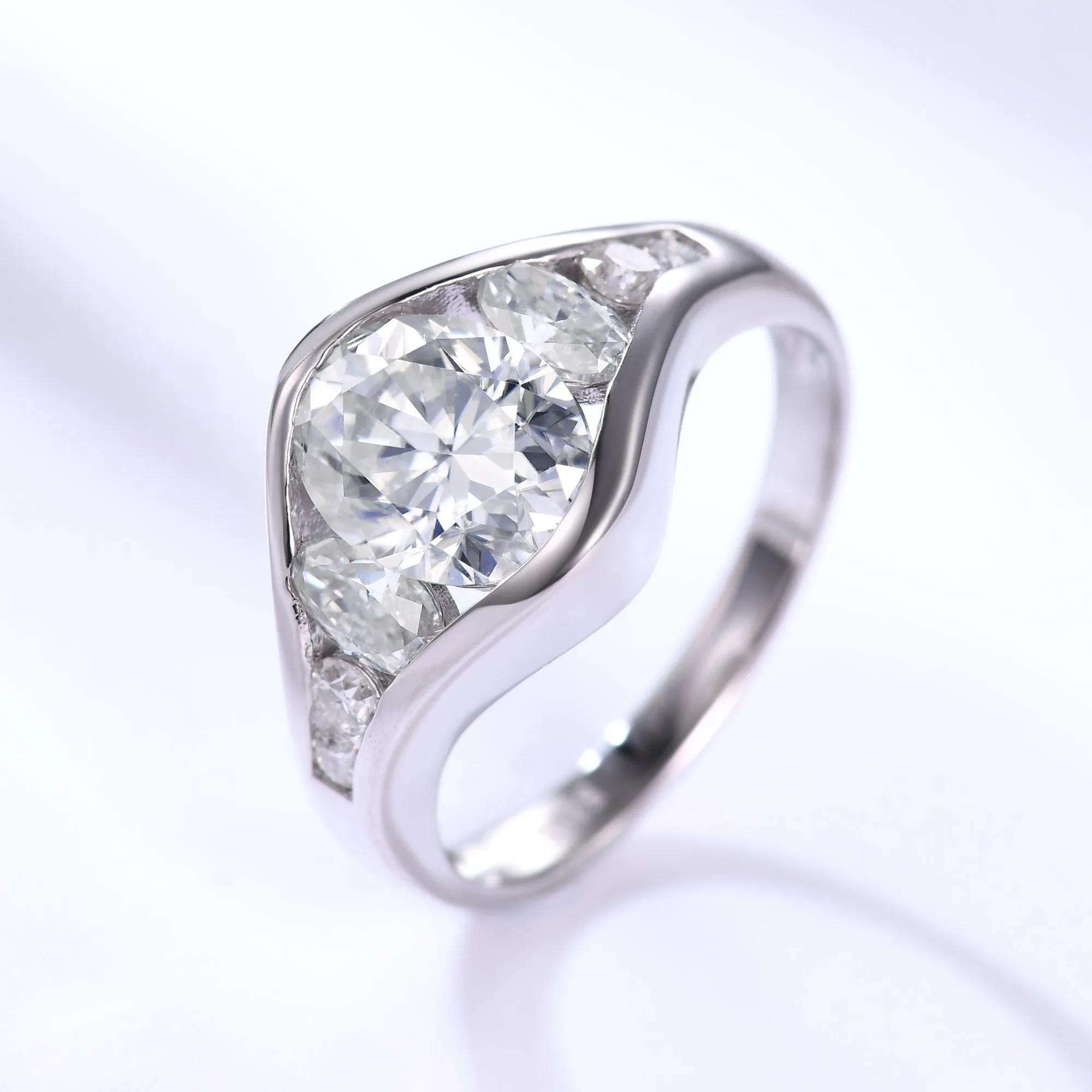 Big 2 Carat Oval Moissanite Full Channel Set Engagement Ring Semi Bezel Trilogy Ring