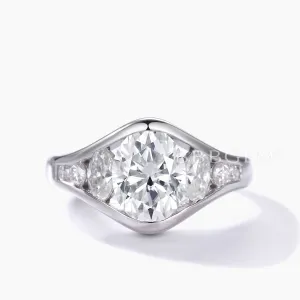 Big 2 Carat Oval Moissanite Full Channel Set Engagement Ring Semi Bezel Trilogy Ring