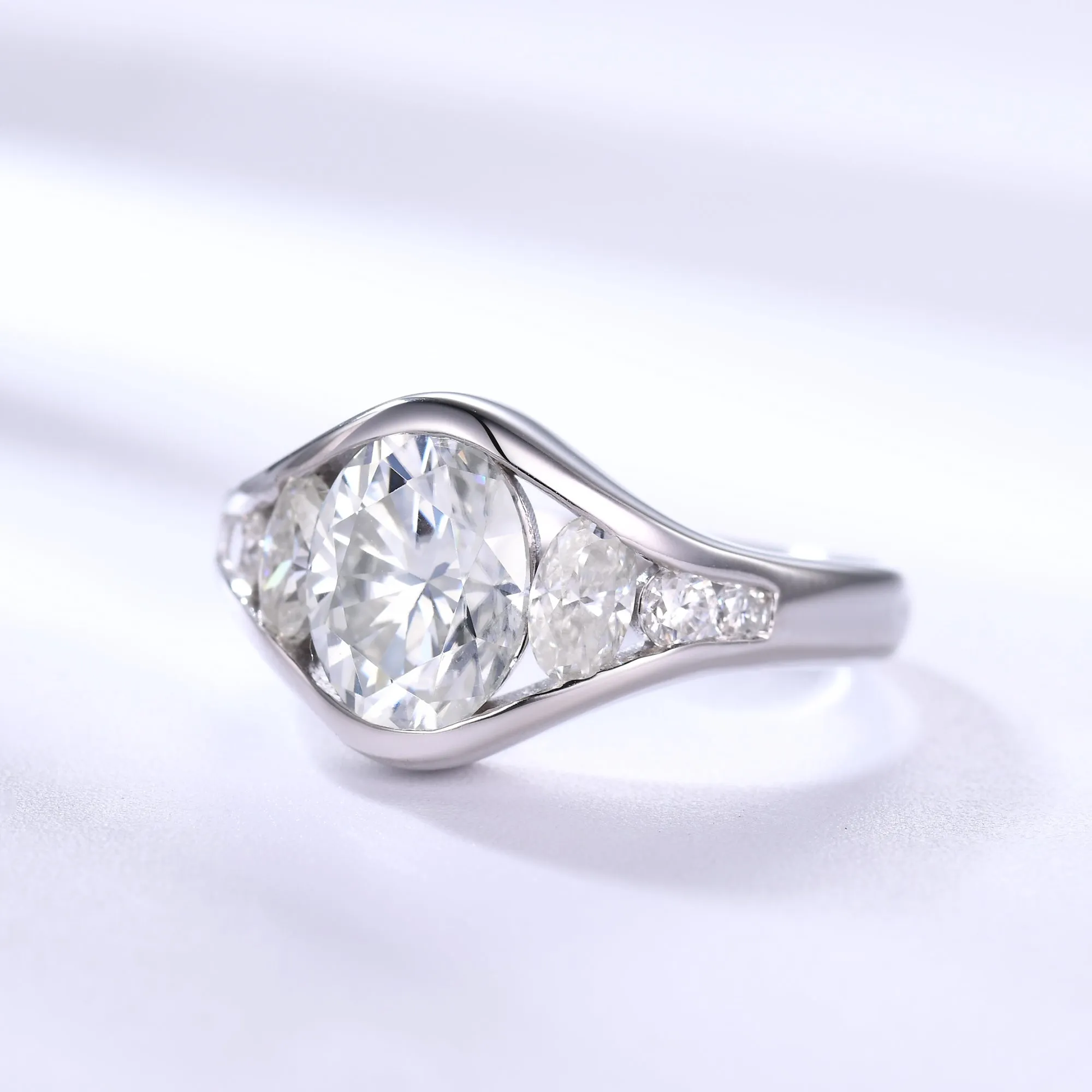 Big 2 Carat Oval Moissanite Full Channel Set Engagement Ring Semi Bezel Trilogy Ring