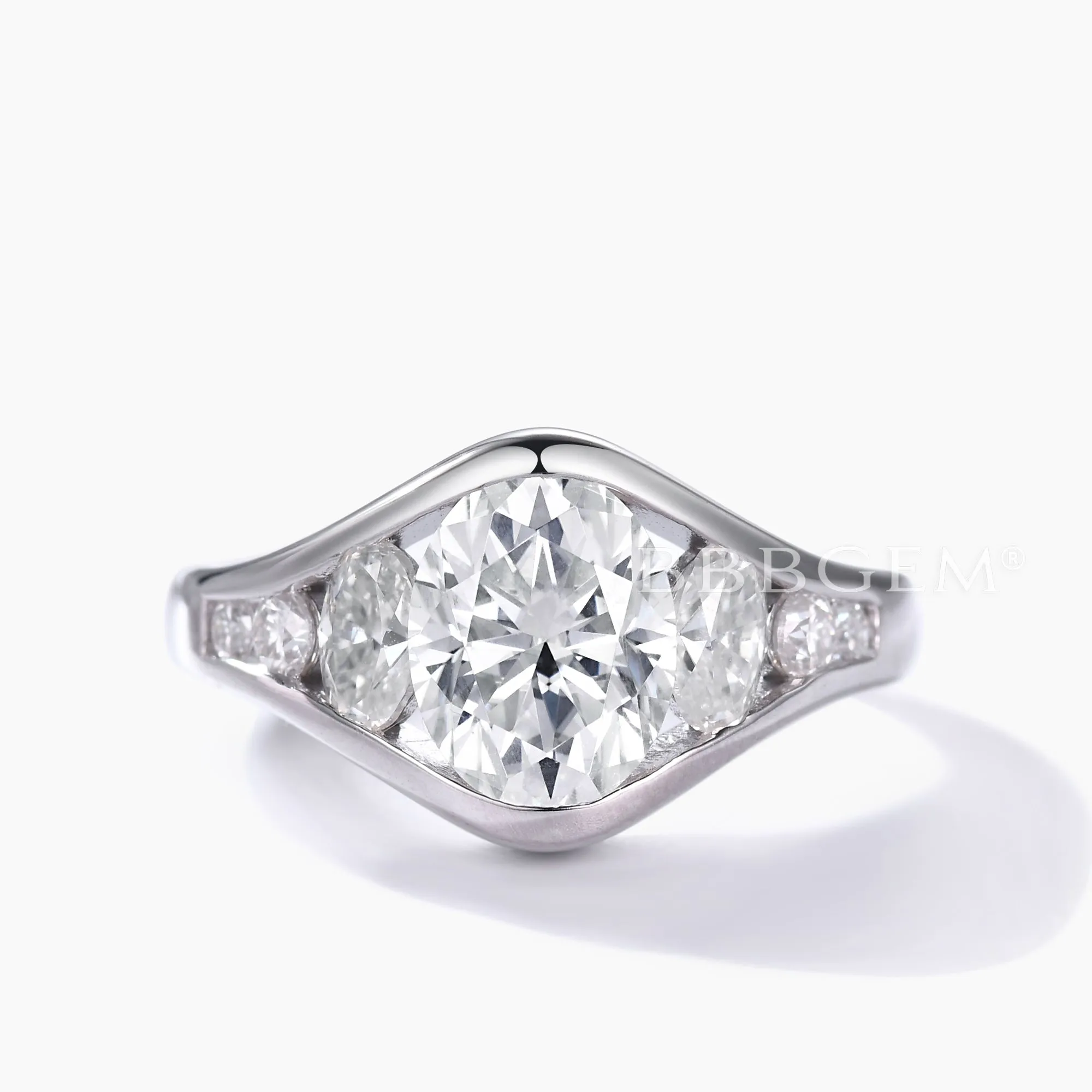 Big 2 Carat Oval Moissanite Full Channel Set Engagement Ring Semi Bezel Trilogy Ring