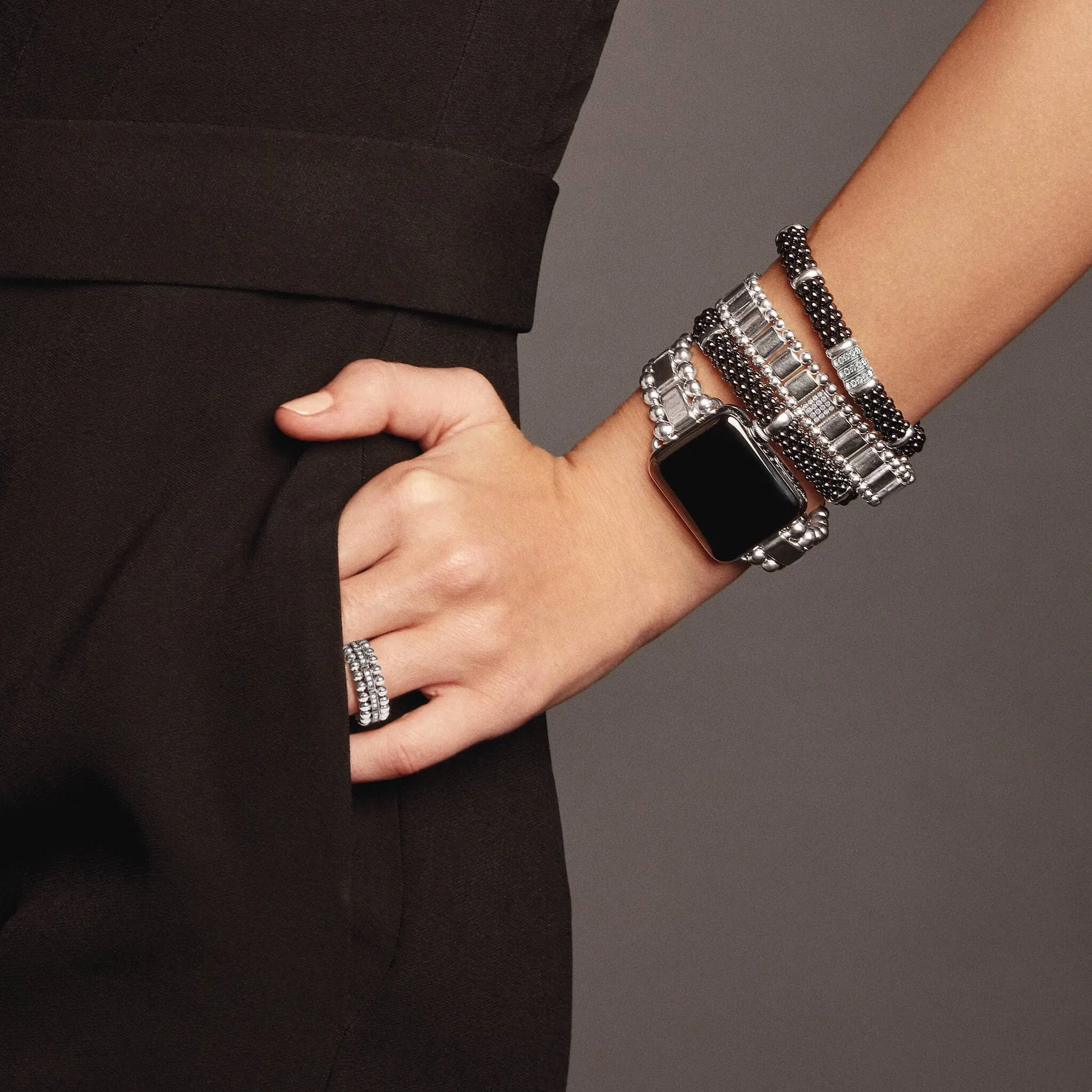 Black Caviar Three Station Ceramic Diamond Bracelet | 9mm