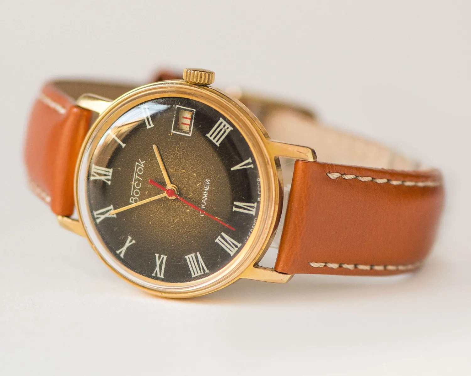 Black face men's watch Vostok\East, gold plated watch him, shockproof men's watch, dust protected boyfriend watch, new premium leather strap