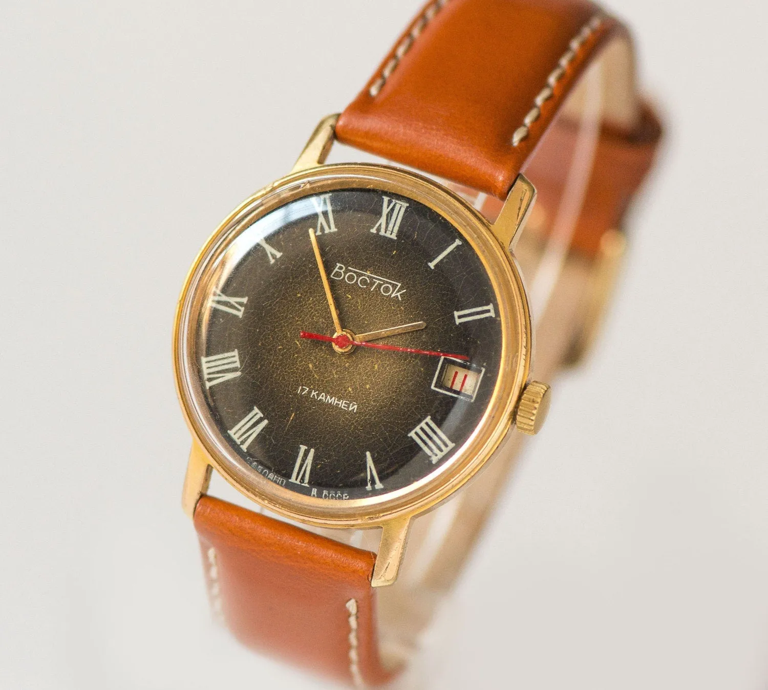 Black face men's watch Vostok\East, gold plated watch him, shockproof men's watch, dust protected boyfriend watch, new premium leather strap