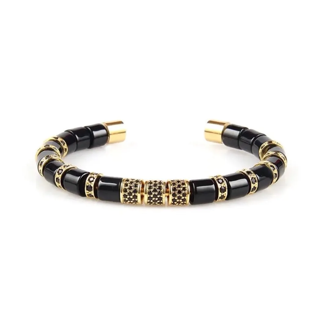 Black Onyx & Gold Beads Cuff Bracelet
