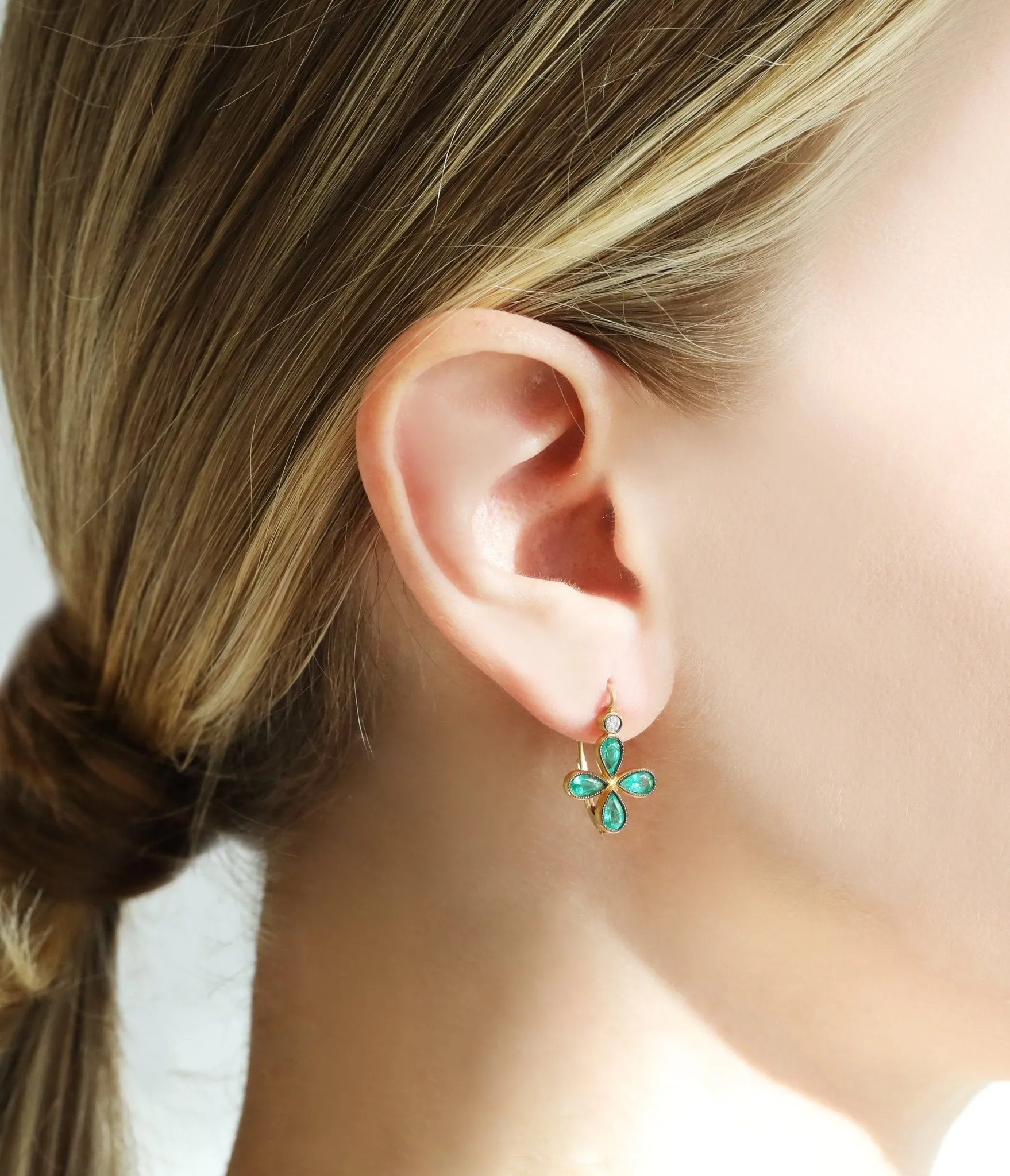 Blackened 22K Gold Bezel-Set Emerald "Star" Earrings with Diamond