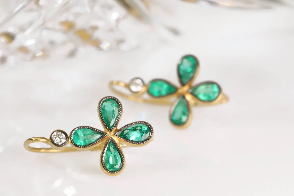 Blackened 22K Gold Bezel-Set Emerald "Star" Earrings with Diamond