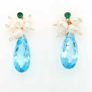 Blue Topaz Briolettes on Emerald Studs with Pearl Adornment