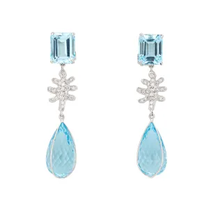 Blue Topaz Diamond Drop Earrings 1.75" Estate 18k White Gold Fine Jewelry
