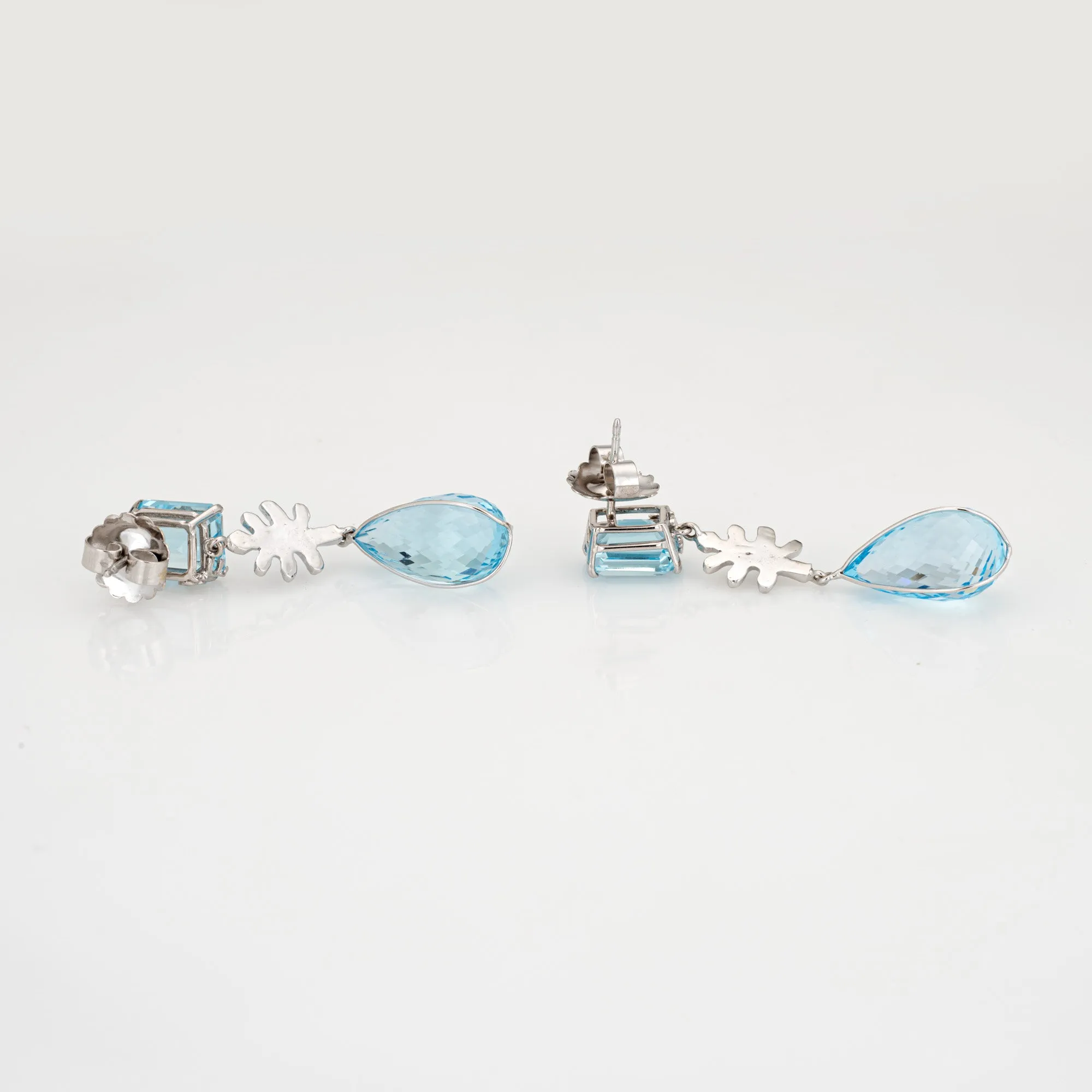 Blue Topaz Diamond Drop Earrings 1.75" Estate 18k White Gold Fine Jewelry