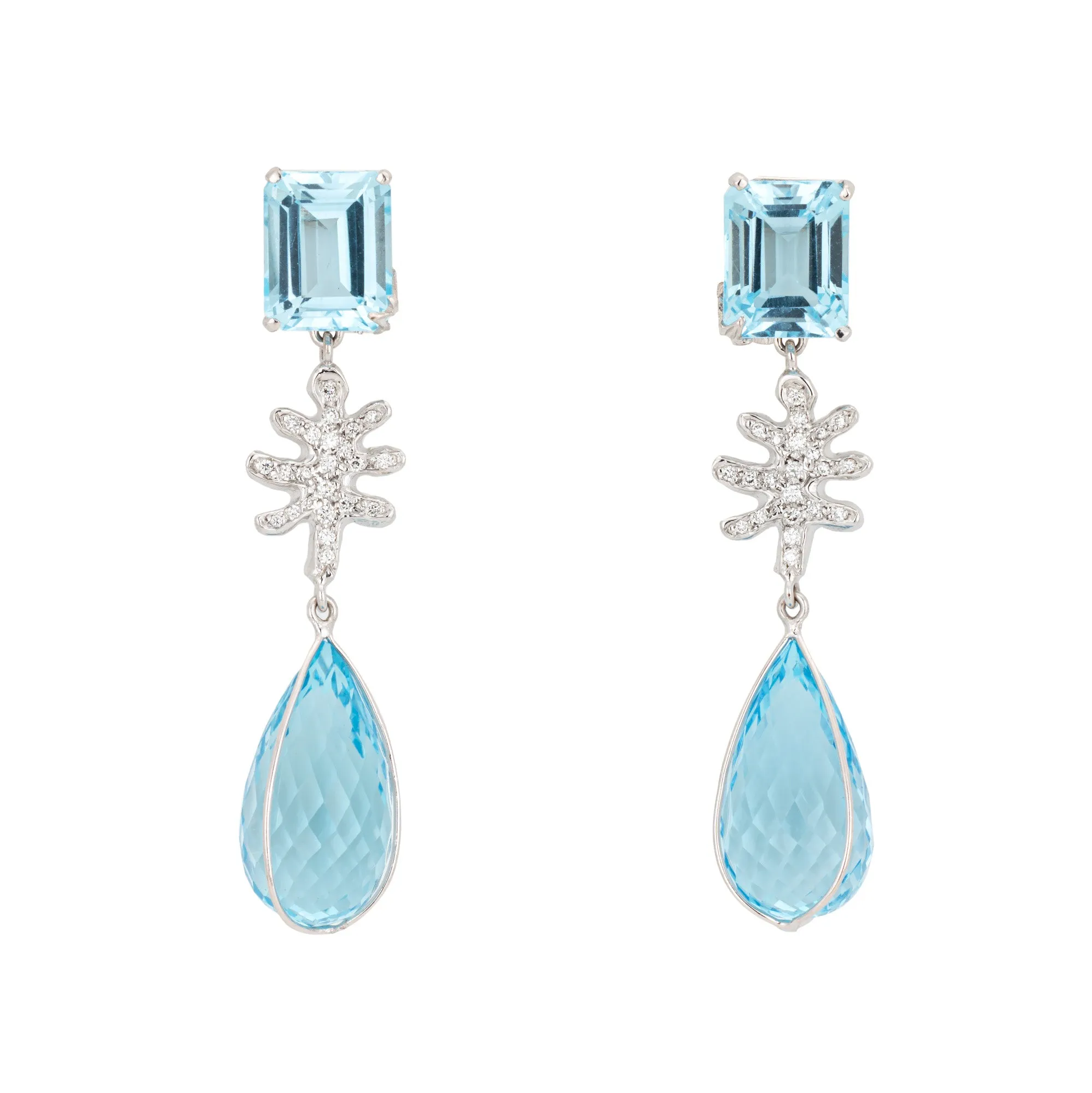 Blue Topaz Diamond Drop Earrings 1.75" Estate 18k White Gold Fine Jewelry
