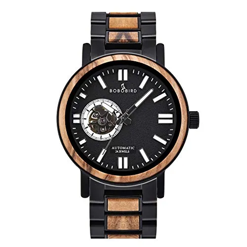 BOBO BIRD Mens Automatic Mechanical Watches Luxury Men Wood Stainless Steel Japan Movement Watch Wooden Wrist Watch Gift Idea for Him (Brown)