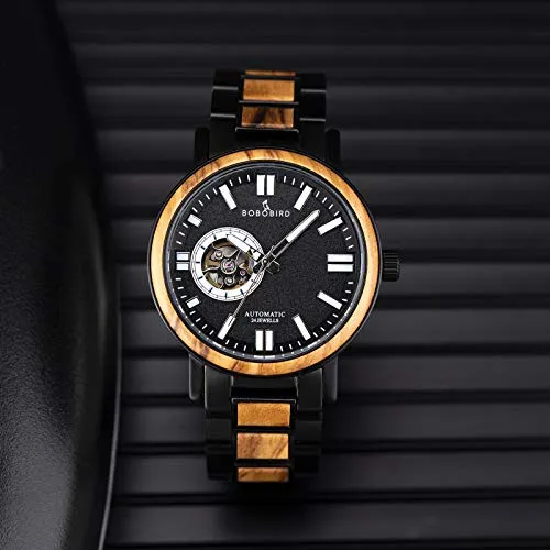 BOBO BIRD Mens Automatic Mechanical Watches Luxury Men Wood Stainless Steel Japan Movement Watch Wooden Wrist Watch Gift Idea for Him (Brown)