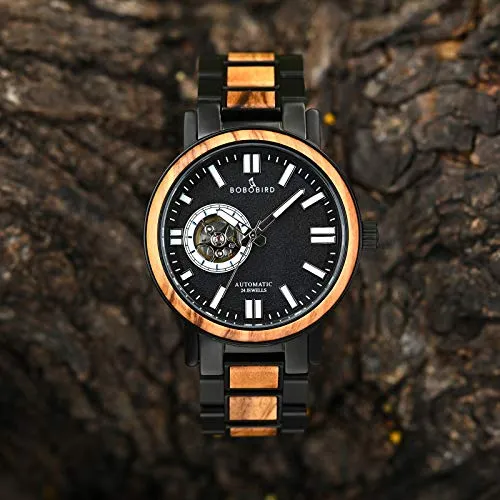 BOBO BIRD Mens Automatic Mechanical Watches Luxury Men Wood Stainless Steel Japan Movement Watch Wooden Wrist Watch Gift Idea for Him (Brown)