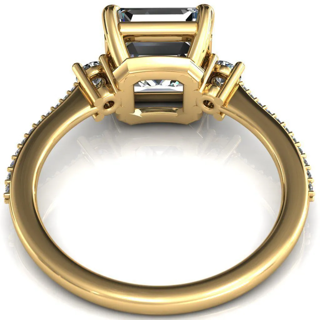 Bonnie Asscher Moissanite 4 Claw Prong 2 Rail Basket Round Sidestones Inverted Cathedral Diamond Accent Engagement Ring