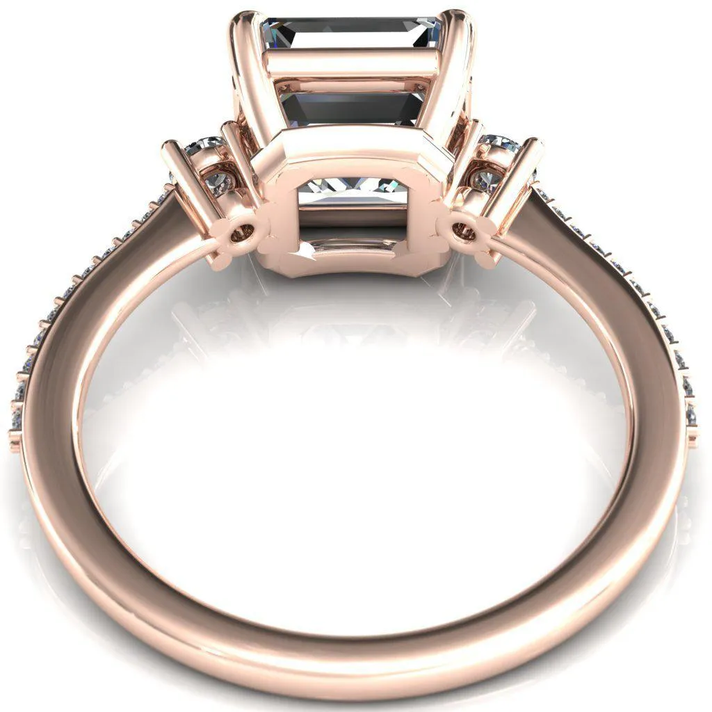 Bonnie Asscher Moissanite 4 Claw Prong 2 Rail Basket Round Sidestones Inverted Cathedral Diamond Accent Engagement Ring