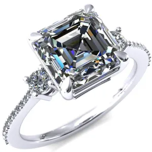 Bonnie Asscher Moissanite 4 Claw Prong 2 Rail Basket Round Sidestones Inverted Cathedral Diamond Accent Engagement Ring