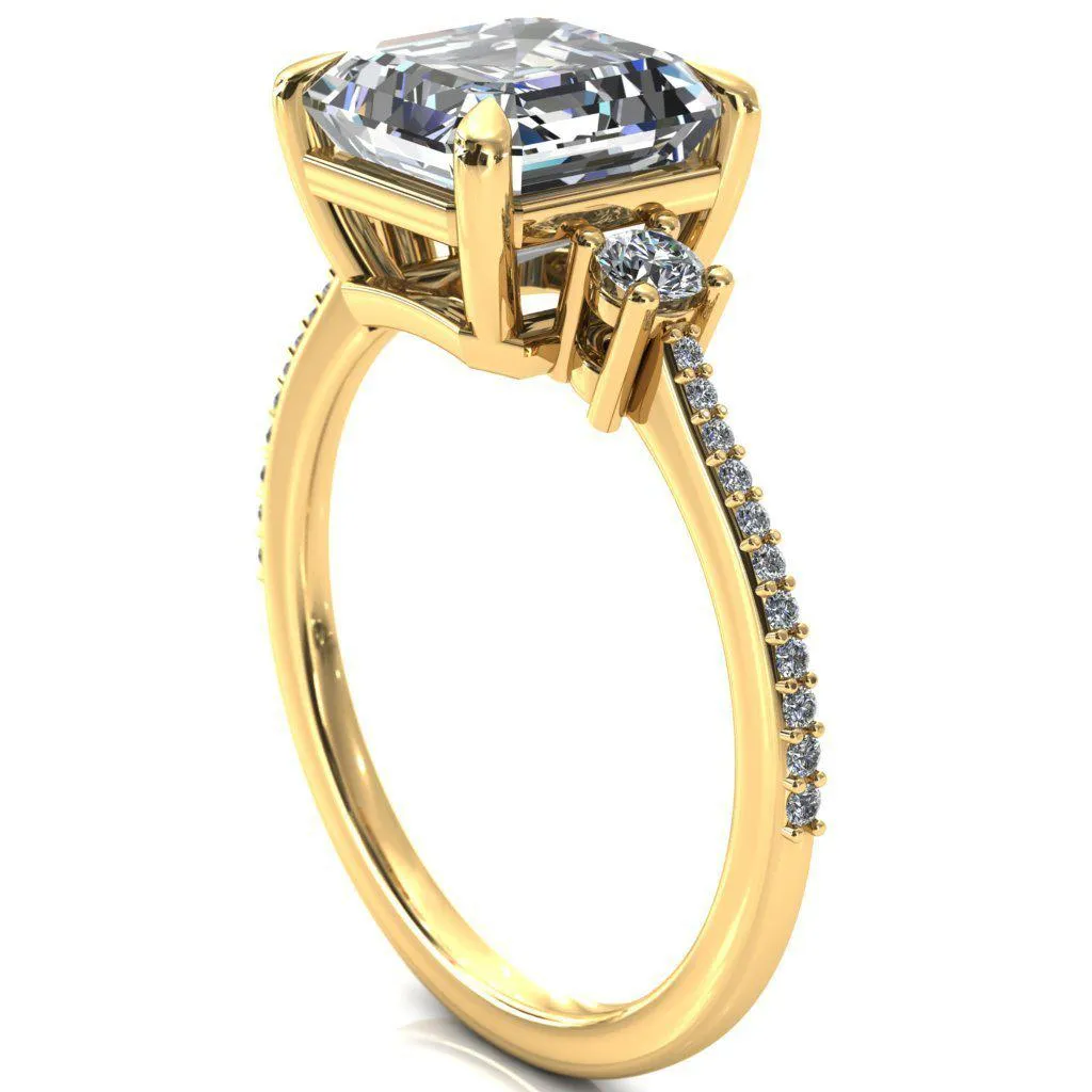 Bonnie Asscher Moissanite 4 Claw Prong 2 Rail Basket Round Sidestones Inverted Cathedral Diamond Accent Engagement Ring