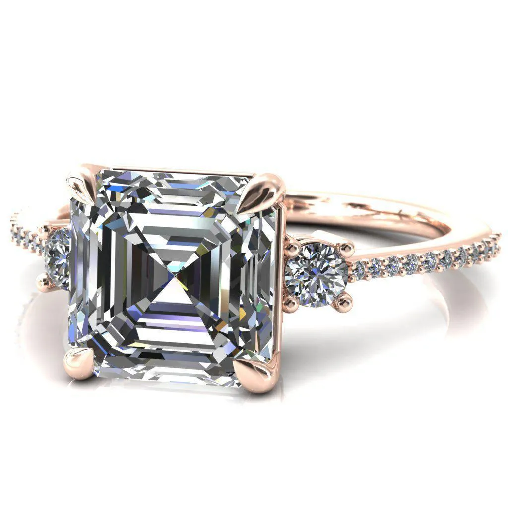 Bonnie Asscher Moissanite 4 Claw Prong 2 Rail Basket Round Sidestones Inverted Cathedral Diamond Accent Engagement Ring