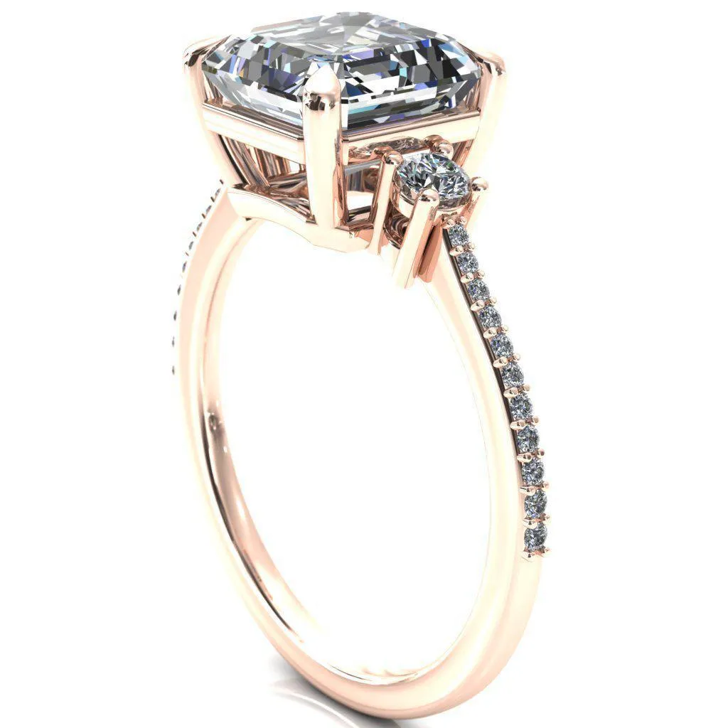 Bonnie Asscher Moissanite 4 Claw Prong 2 Rail Basket Round Sidestones Inverted Cathedral Diamond Accent Engagement Ring