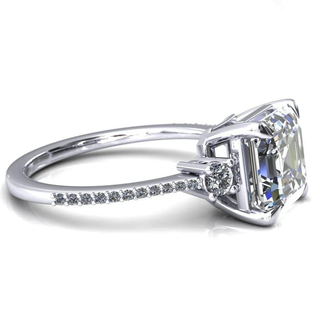 Bonnie Asscher Moissanite 4 Claw Prong 2 Rail Basket Round Sidestones Inverted Cathedral Diamond Accent Engagement Ring
