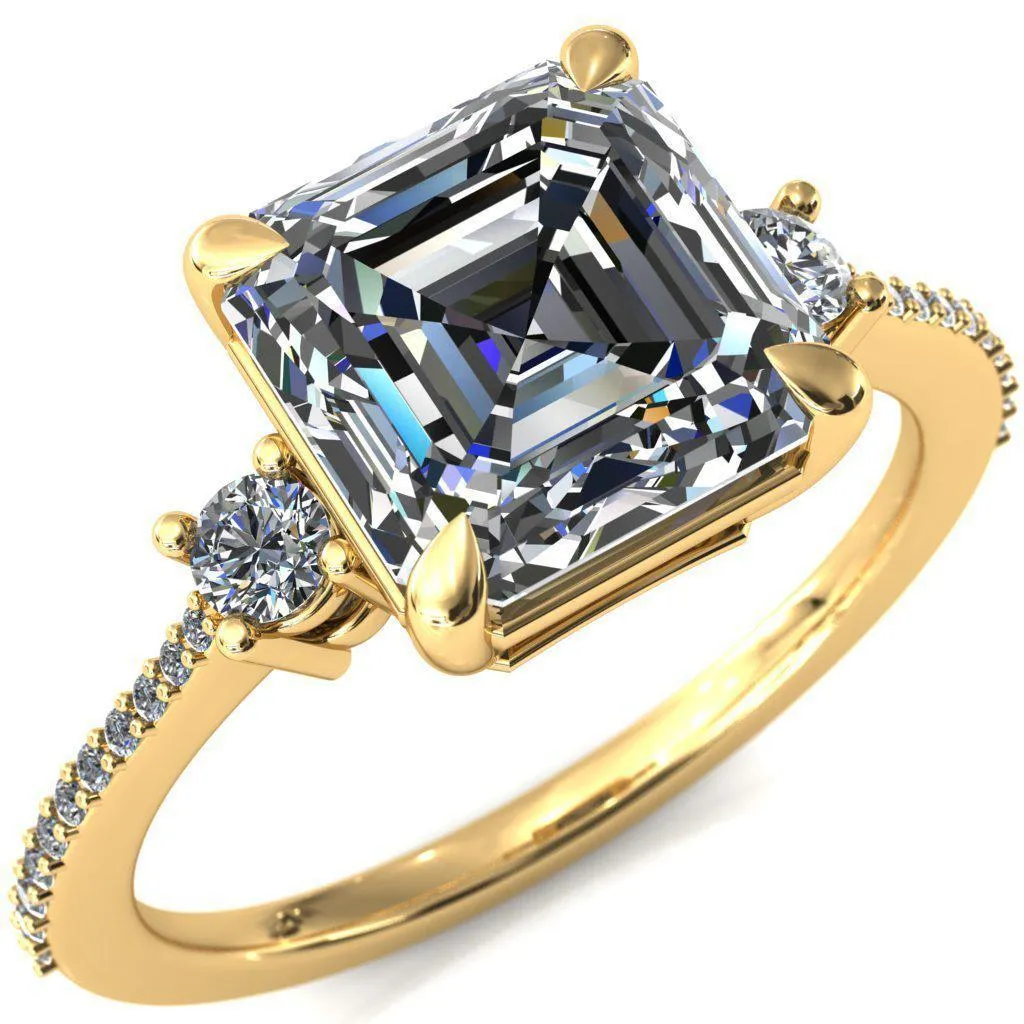 Bonnie Asscher Moissanite 4 Claw Prong 2 Rail Basket Round Sidestones Inverted Cathedral Diamond Accent Engagement Ring