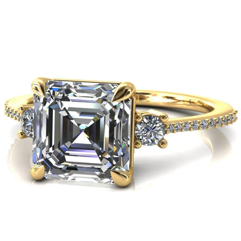 Bonnie Asscher Moissanite 4 Claw Prong 2 Rail Basket Round Sidestones Inverted Cathedral Diamond Accent Engagement Ring