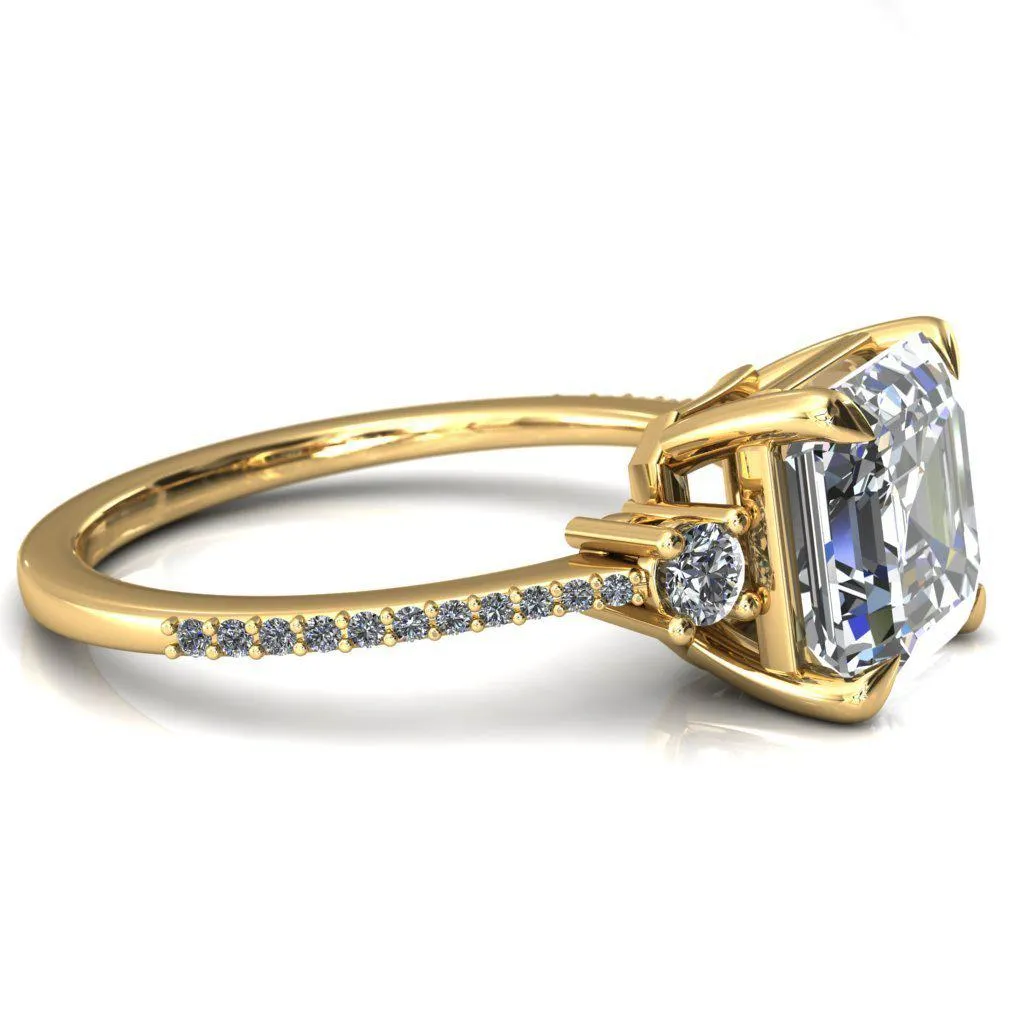 Bonnie Asscher Moissanite 4 Claw Prong 2 Rail Basket Round Sidestones Inverted Cathedral Diamond Accent Engagement Ring