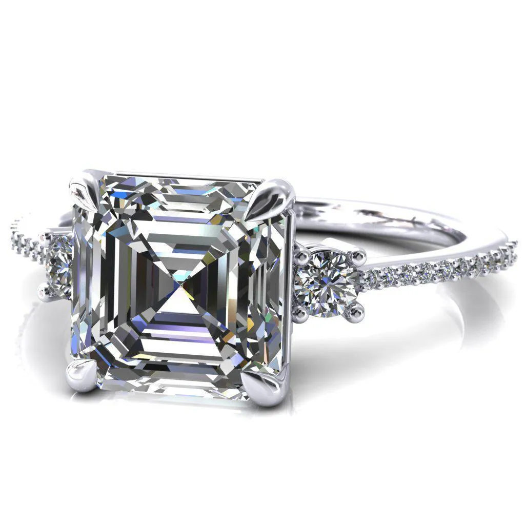 Bonnie Asscher Moissanite 4 Claw Prong 2 Rail Basket Round Sidestones Inverted Cathedral Diamond Accent Engagement Ring
