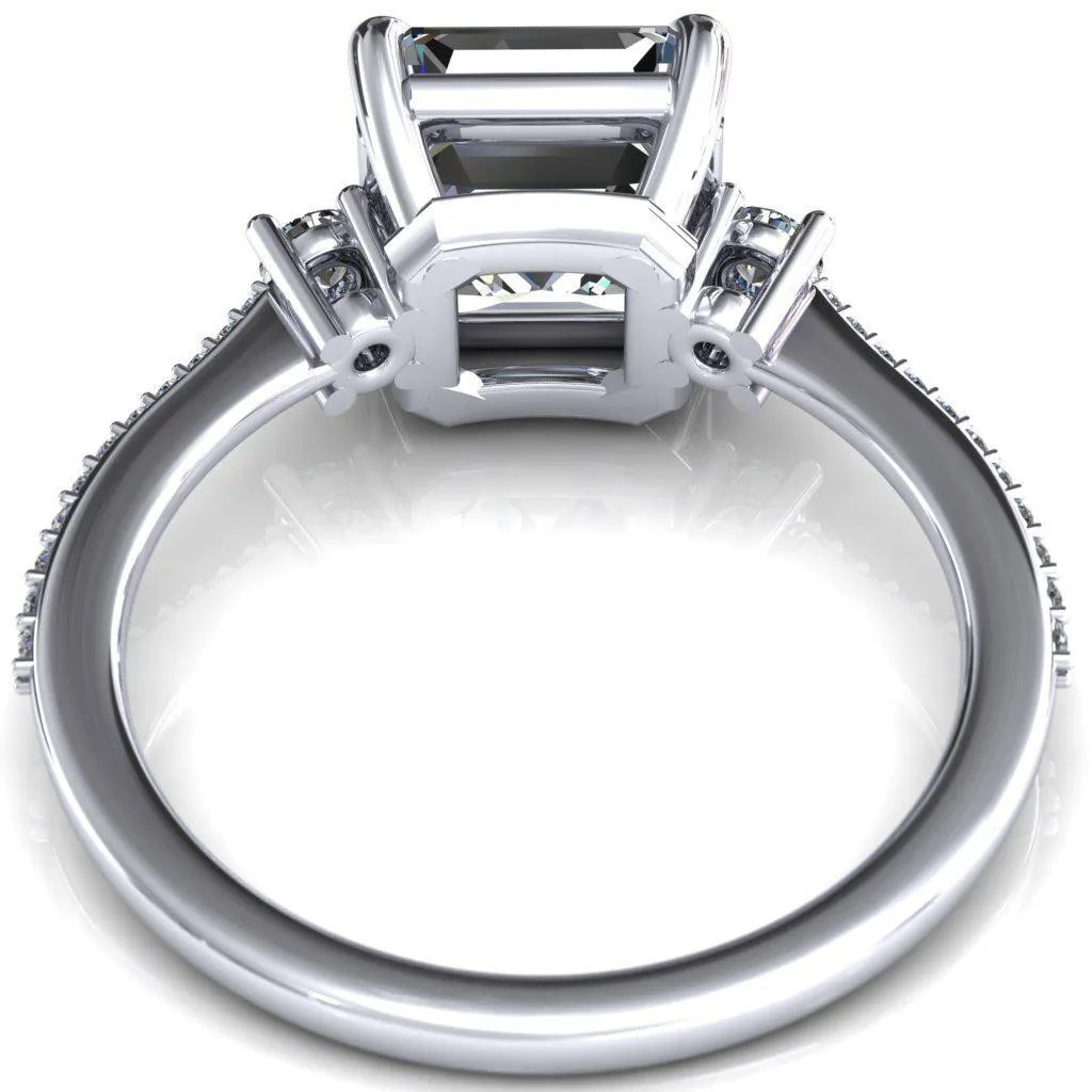 Bonnie Asscher Moissanite 4 Claw Prong 2 Rail Basket Round Sidestones Inverted Cathedral Diamond Accent Engagement Ring