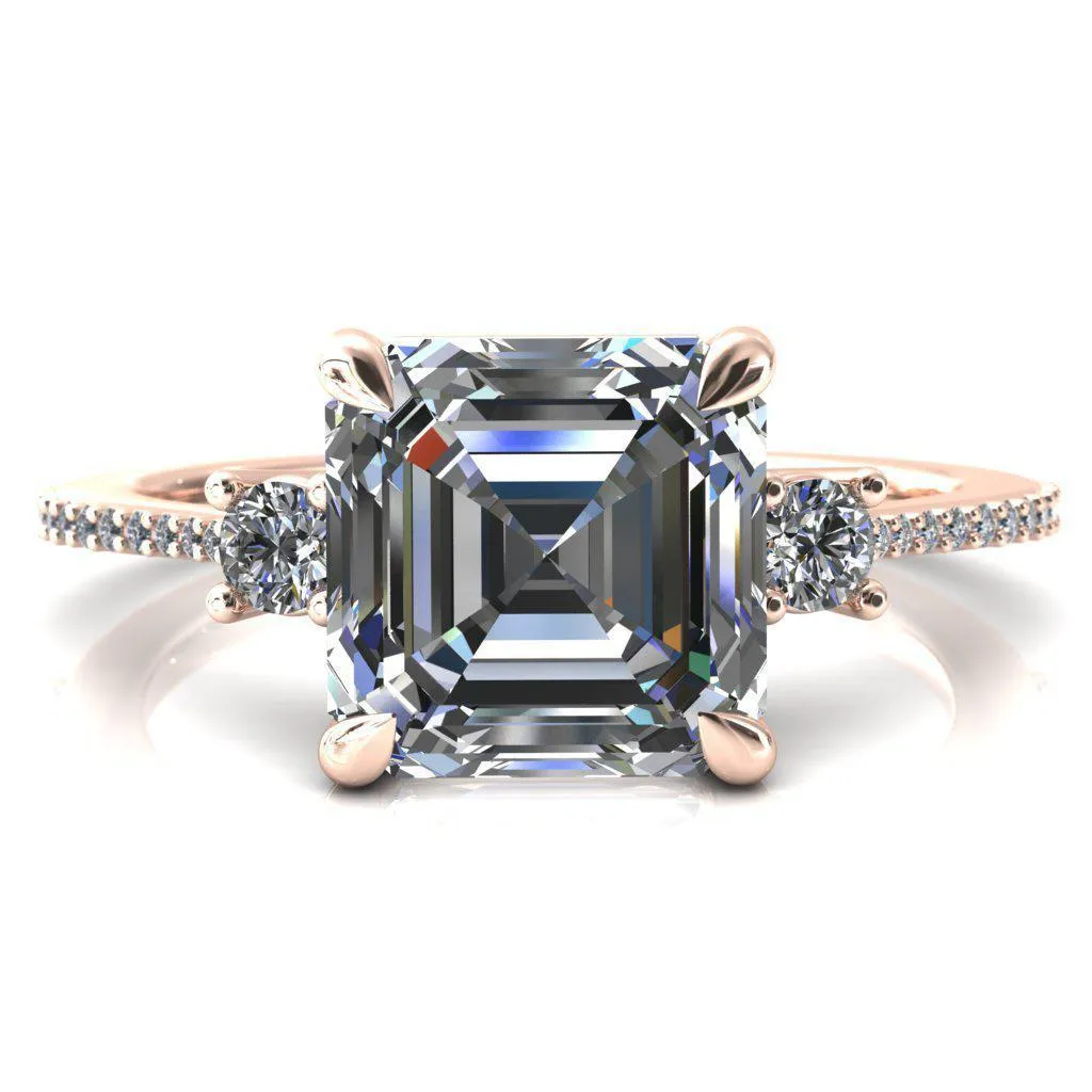 Bonnie Asscher Moissanite 4 Claw Prong 2 Rail Basket Round Sidestones Inverted Cathedral Diamond Accent Engagement Ring