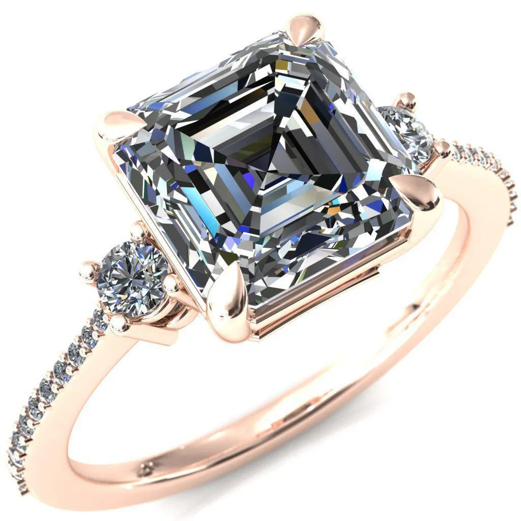 Bonnie Asscher Moissanite 4 Claw Prong 2 Rail Basket Round Sidestones Inverted Cathedral Diamond Accent Engagement Ring