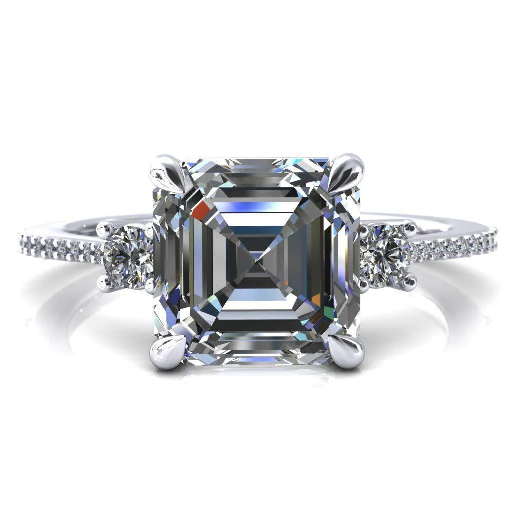 Bonnie Asscher Moissanite 4 Claw Prong 2 Rail Basket Round Sidestones Inverted Cathedral Diamond Accent Engagement Ring