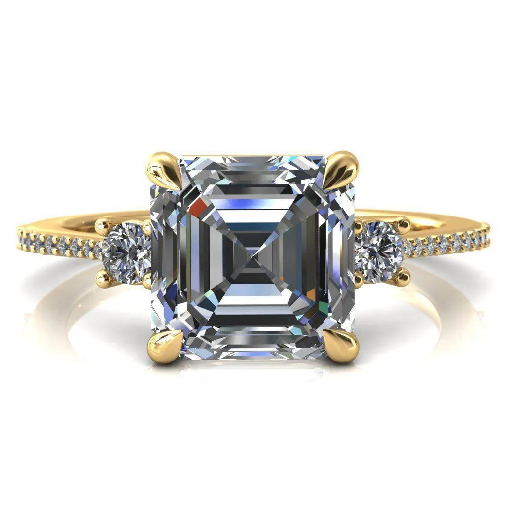 Bonnie Asscher Moissanite 4 Claw Prong 2 Rail Basket Round Sidestones Inverted Cathedral Diamond Accent Engagement Ring