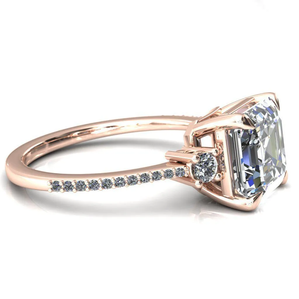 Bonnie Asscher Moissanite 4 Claw Prong 2 Rail Basket Round Sidestones Inverted Cathedral Diamond Accent Engagement Ring