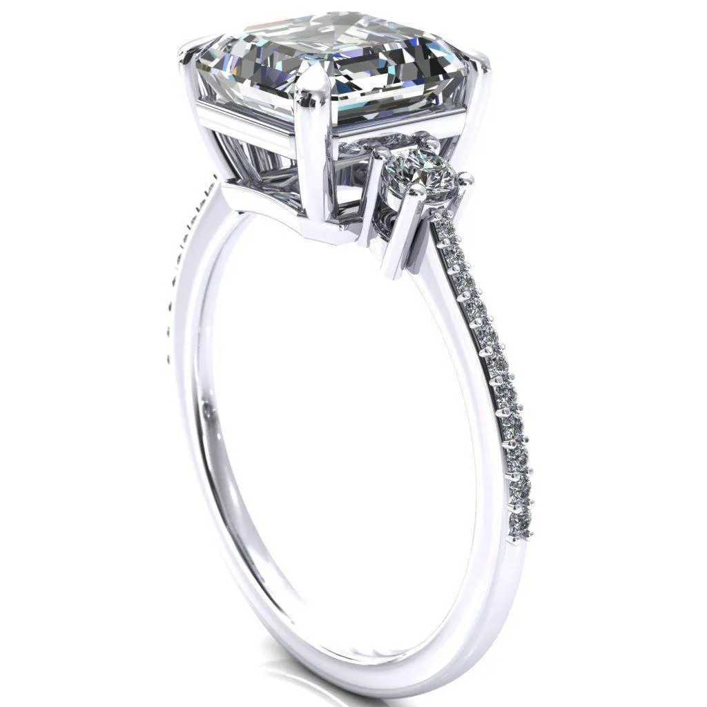 Bonnie Asscher Moissanite 4 Claw Prong 2 Rail Basket Round Sidestones Inverted Cathedral Diamond Accent Engagement Ring